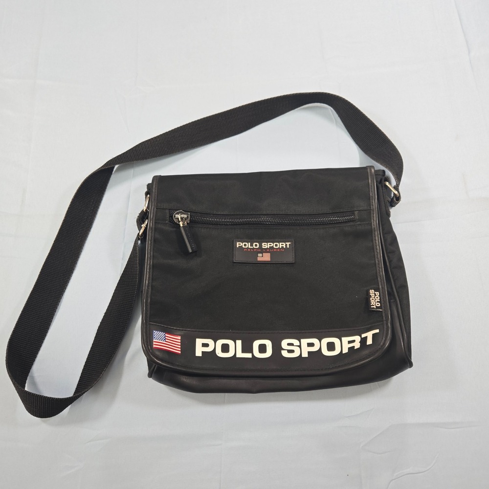 Polo Sport Ralph Lauren Messenger Bag Black Nylon Crossbody Vintage 90s Flag